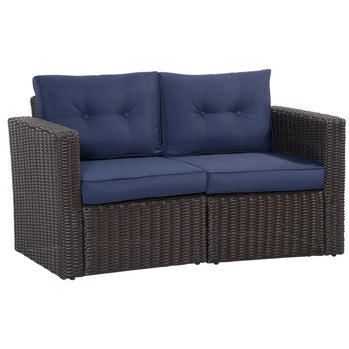 Ensemble de meubles de patio 2 pièces, causeuse d'extérieur, canapé d'angle en osier, combinaison libre de meubles en rotin PE, avec accoudoirs incurvés et coussin rembourré pour balcon, jardin, pelouse, bleu foncé