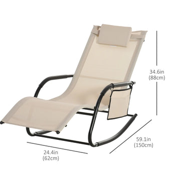 Chaise à bascule de patio avec tissu en maille, chaise longue d'extérieur à bascule avec appui-tête amovible et poche latérale pour jardin, terrasse, pelouse, blanc crème