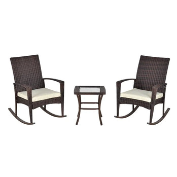 Ensemble de 3 chaises à bascule en osier pour patio, ensemble bistro d'extérieur en rotin PE, ensemble de conversation à bascule avec 2 chaises et 1 table basse pour jardin, terrasse, bord de piscine, blanc crème