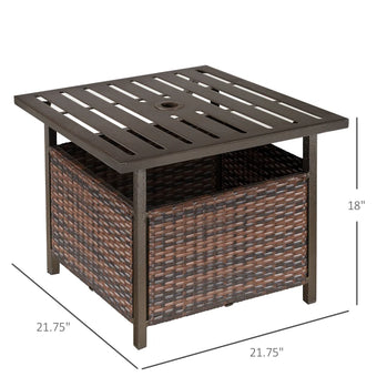 Table basse de patio en osier et rotin d'extérieur de 21,75 po avec trou pour parasol, table d'appoint de patio avec dessus en métal à lattes, adaptée au jardin, à l'arrière-cour, marron