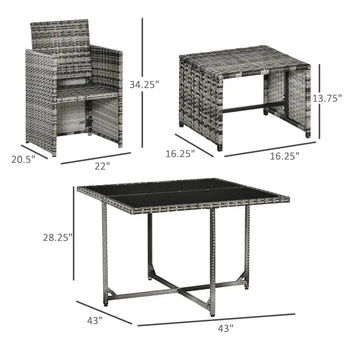 Ensemble de salle à manger de patio en osier 9 pièces, canapé sectionnel de jardin en rotin, fauteuil d'extérieur peu encombrant et ensembles de meubles ottomans avec coussin, gris