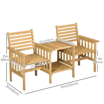 Causeuse d'extérieur en bois avec table centrale, ensemble table et chaises de jardin avec coussins et trou pour parasol, ensemble de meubles d'extérieur 2 places pour balcon, patio, marron