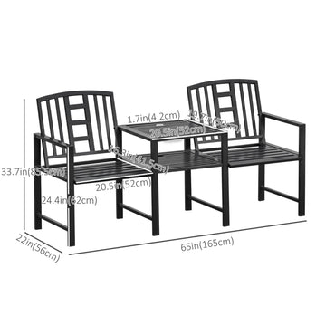 Banc de jardin en acier avec table centrale, trou pour parasol, siège double pour extérieur, patio, cadre résistant aux intempéries, noir