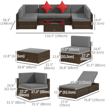 Ensemble de meubles de terrasse en osier 9 pièces avec coussin, gris clair