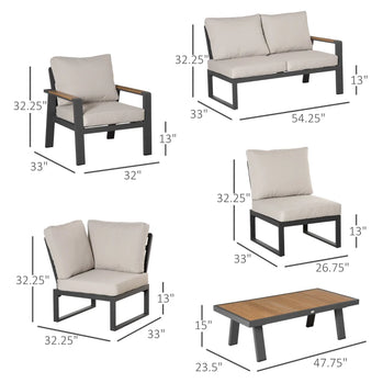 Ensemble de meubles de patio en forme de L, 6 pièces pour 7 personnes, ensemble de conversation en aluminium, ensemble de canapé d'angle sectionnel avec siège élargi