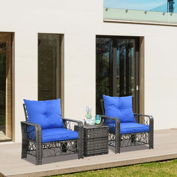 Ensemble de meubles de patio 3 pièces avec coussins de 4 po d'épaisseur, ensemble de bistro d'extérieur en rotin de luxe et table basse avec fonction de rangement pour bord de piscine, jardin, balcon, bleu