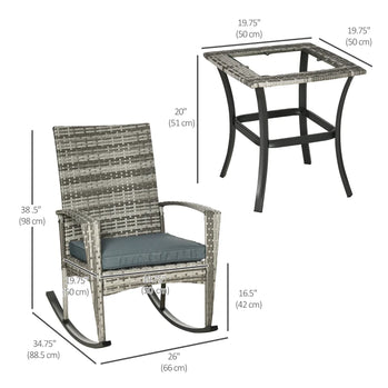 Ensemble de 3 chaises à bascule en osier pour patio, ensemble bistro d'extérieur en rotin PE, ensemble de conversation à bascule avec 2 chaises et 1 table basse pour jardin, terrasse, bord de piscine, gris