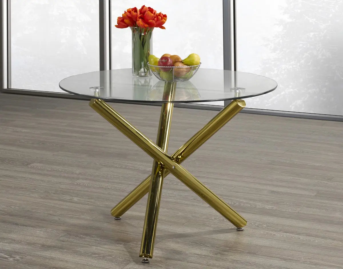Table à manger dorée avec piètement en X - Verre trempé