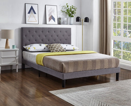 Lit en Tissu Gris avec Capitonnage à Boutons, Support de Matelas Inclus pour un Confort Optimal