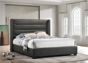 Lit à oreilles en PU gris avec panneaux touffetés horizontaux et support de matelas inclus