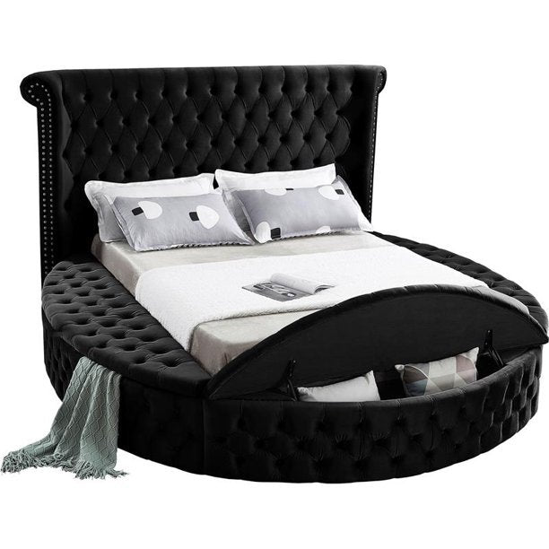 IF-5773 Lit en tissu velours noir avec capitonnage profond et 3 bancs de rangement