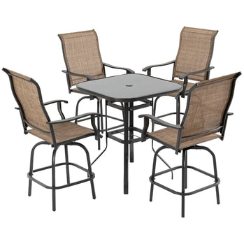 Ensemble de meubles de patio 5 pièces, ensemble de conversation de jardin extérieur avec table en verre trempé, 4 chaises pivotantes et trou pour parasol, marron