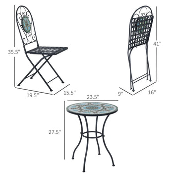 Ensemble bistro de patio 3 pièces avec motif mosaïque, ensemble de meubles de salle à manger d'extérieur pour 2 avec chaises pliantes, vert