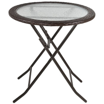 Table ronde pliante en métal et verre trempé, 26,8 po de diamètre (68 cm de diamètre), avec bordure en rotin marron, marron