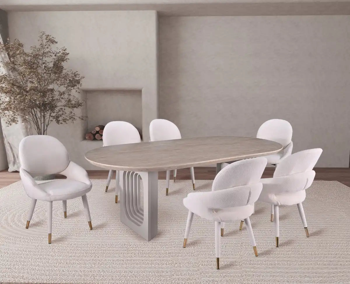 Bode Dining Set | Large Pedestal Table and 6 Beige Chairs