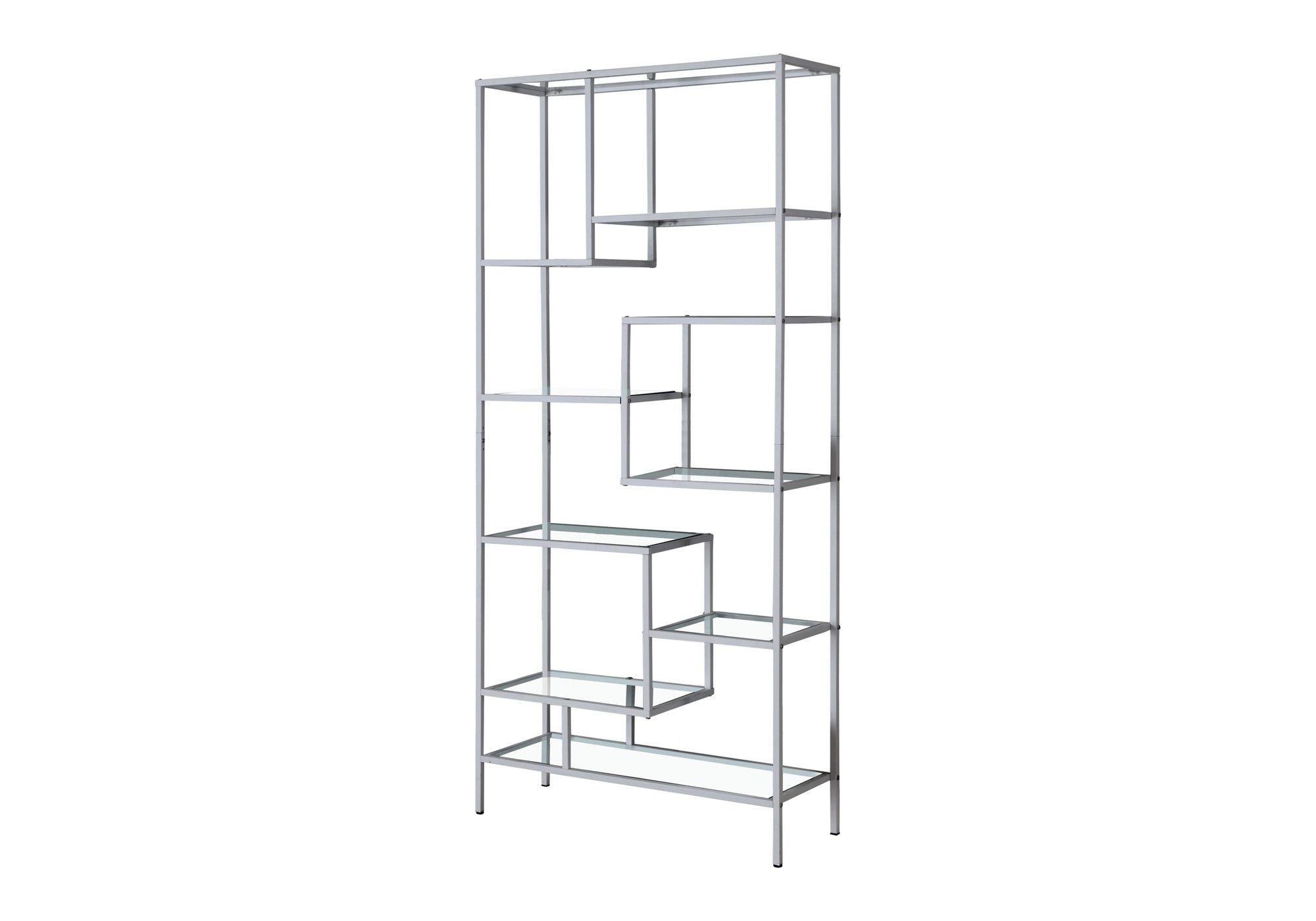 Bibliothèque – 72 po de hauteur / structure en métal argenté / tablettes en verre trempé :I 7158
