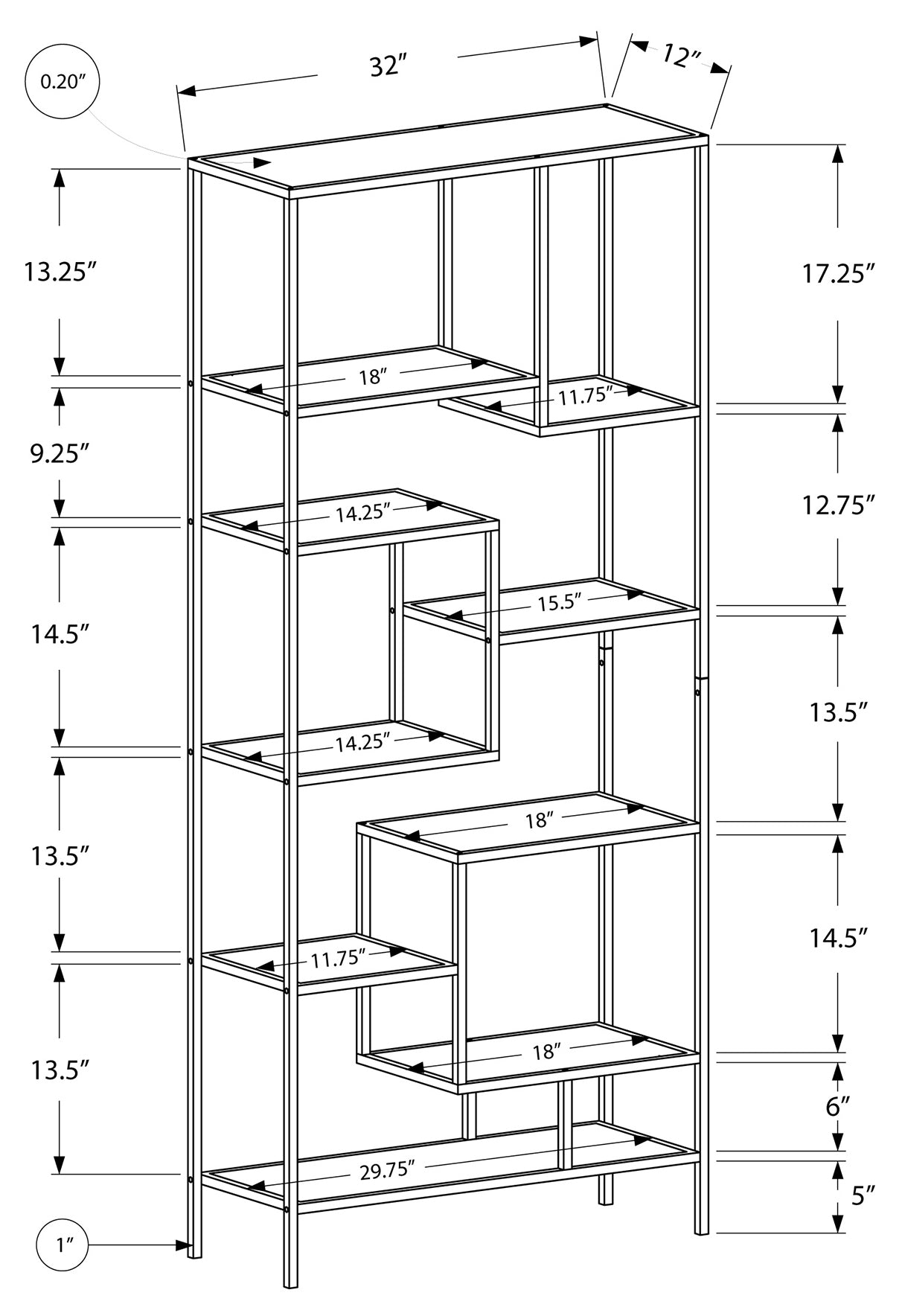 Bibliothèque – 72 po de hauteur / structure en métal argenté / tablettes en verre trempé :I 7158