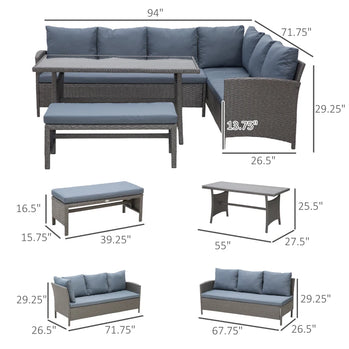 4 pièces Patio extérieur rotin Table à manger en osier banc meubles de Patio canapé