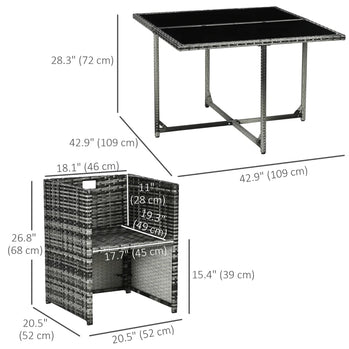 Ensemble de salle à manger d'extérieur 5 pièces, meubles en rotin, ensemble de conversation en osier, canapé, table de bistro, meubles de patio avec coussin et table en verre trempé, gris