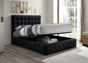 Lit de rangement en tissu noir avec système hydraulique de levage et support de matelas - Conception facile à soulever