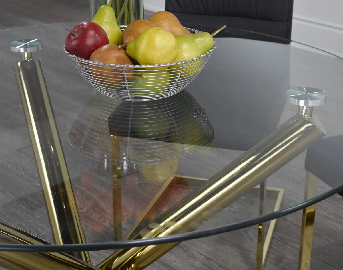 Table à manger dorée avec piètement en X - Verre trempé