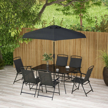 Ensemble de patio 8 pièces avec parasol, 6 chaises pliantes, table rectangulaire, ensemble de salle à manger d'extérieur pour 6 personnes avec siège en maille, noir