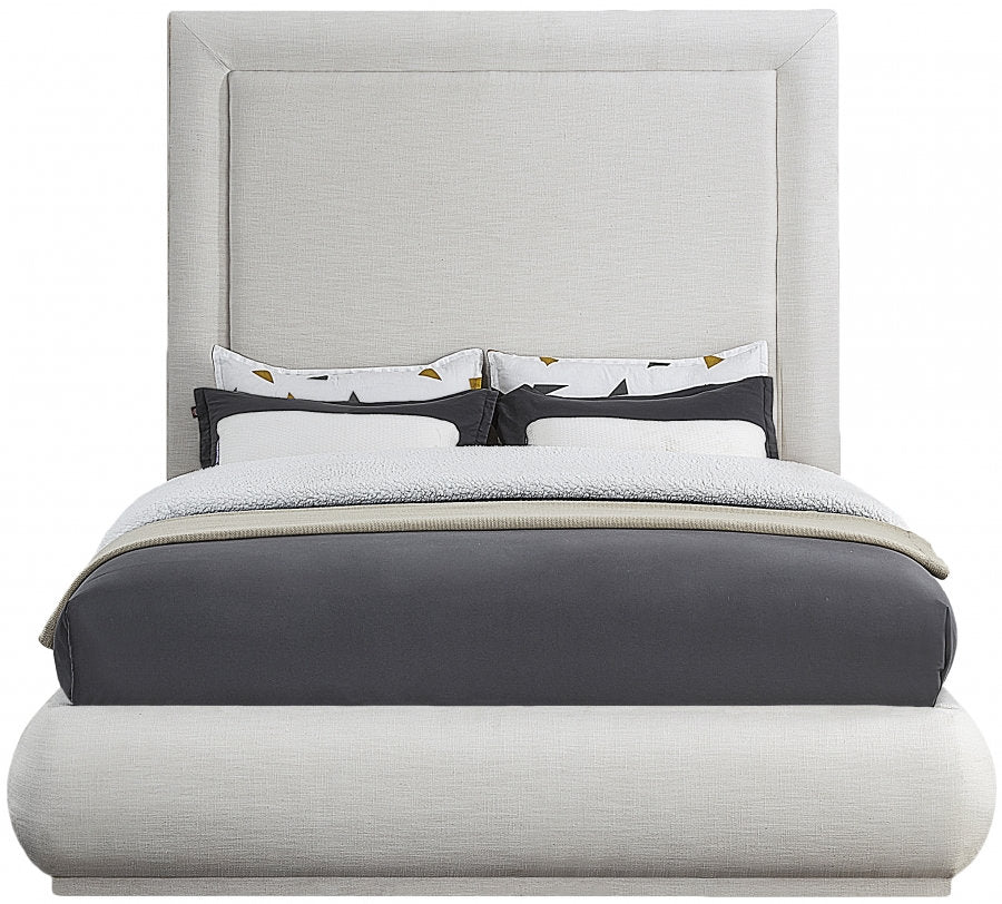 Lit Rembourré Style Moderne du Milieu du Siècle - Tissu Lin Crème, Support de Matelas