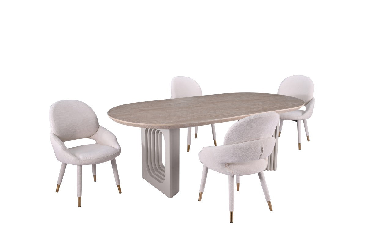Bode Dining Set | Large Pedestal Table and 4 Beige Chairs