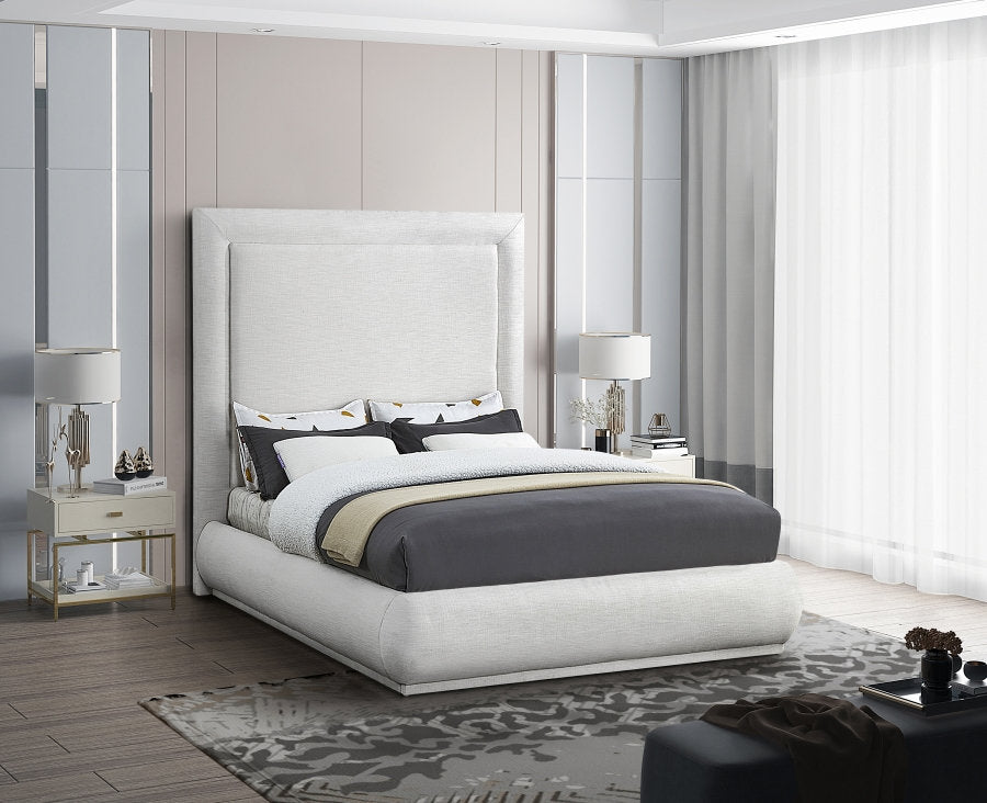 Lit Rembourré Style Moderne du Milieu du Siècle - Tissu Lin Crème, Support de Matelas
