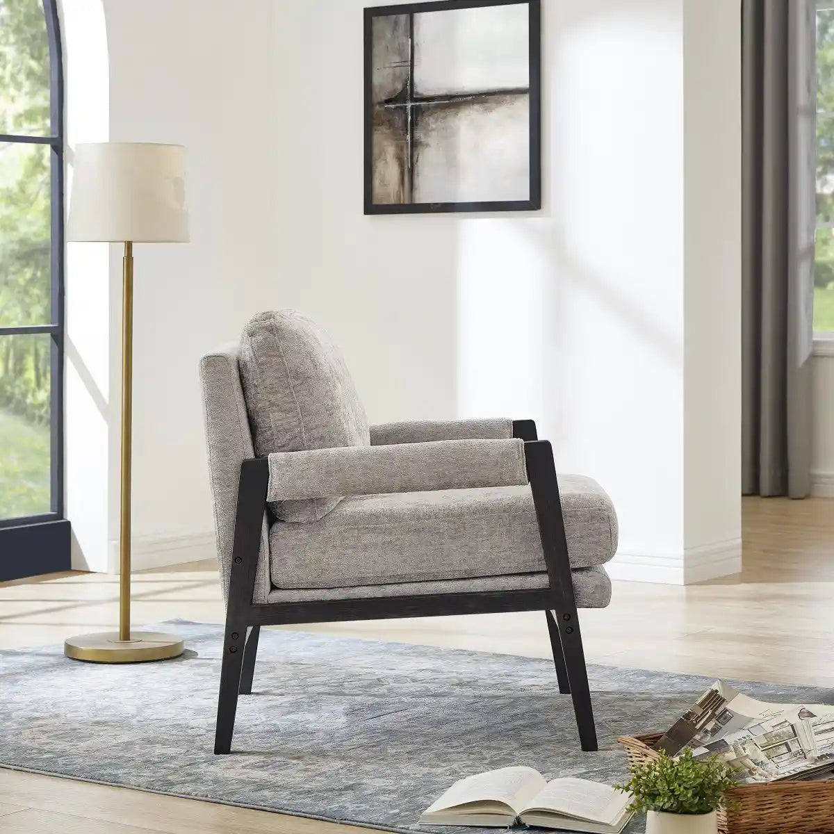 Fauteuil Carlo en chenille grise - Cadre noir minuit