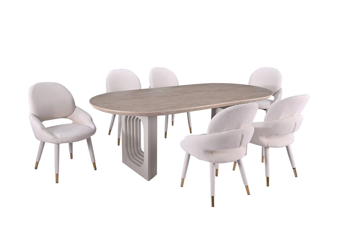 Bode Dining Set | Large Pedestal Table and 6 Beige Chairs