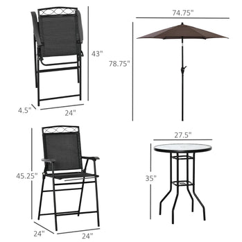 Ensemble de bar de patio 4 pièces, mobilier d'extérieur pliable avec parasol marron pour bord de piscine, arrière-cour et jardin, noir