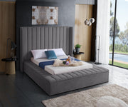 Lit Velours Gris - Capitonnage Canaux, 3 Bancs Rangement, Support Matelas