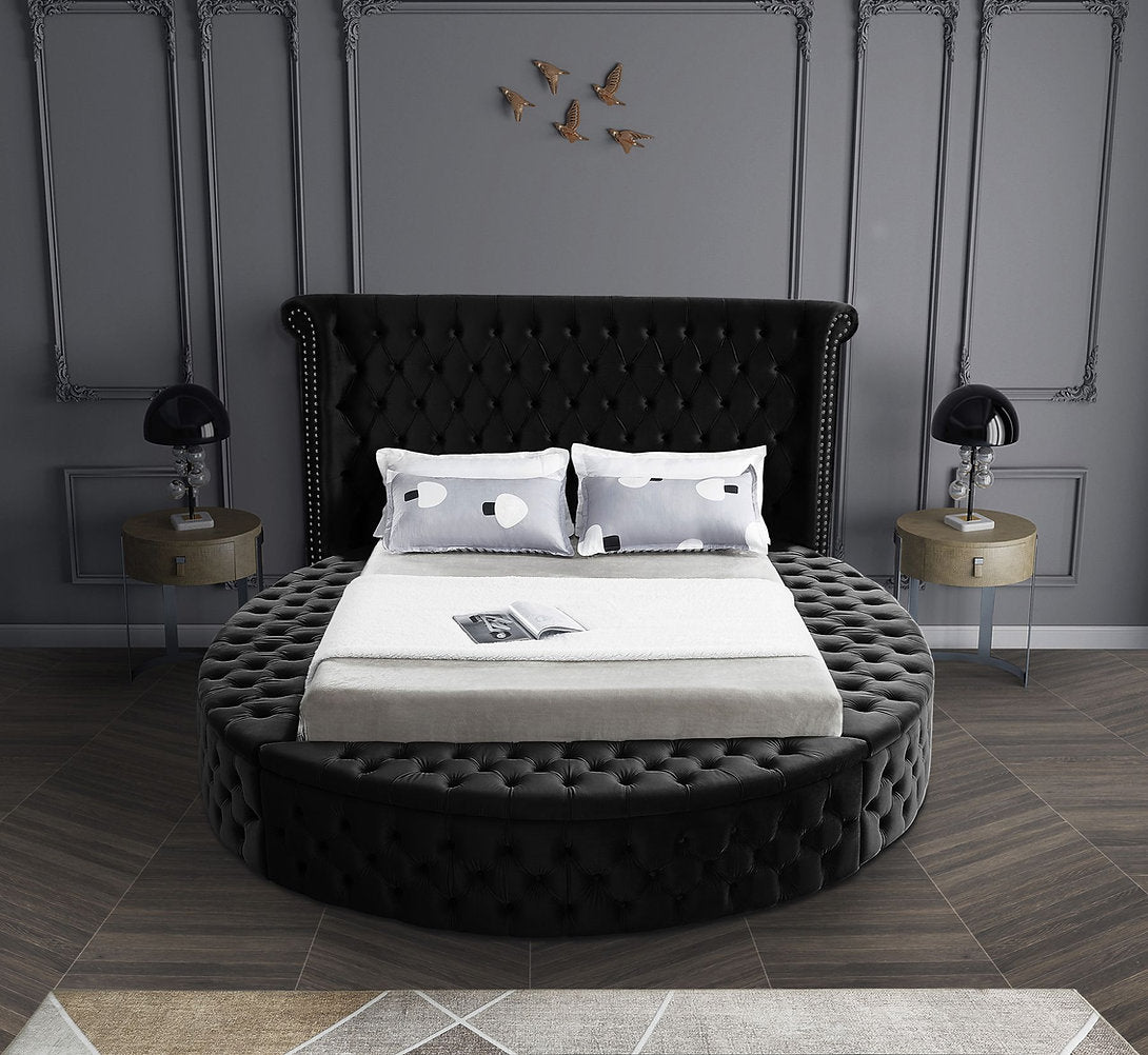 IF-5773 Lit en tissu velours noir avec capitonnage profond et 3 bancs de rangement