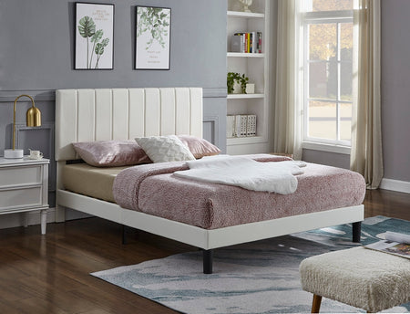 Lit en PU Blanc avec Capitonnage Vertical, Support de Matelas Inclus