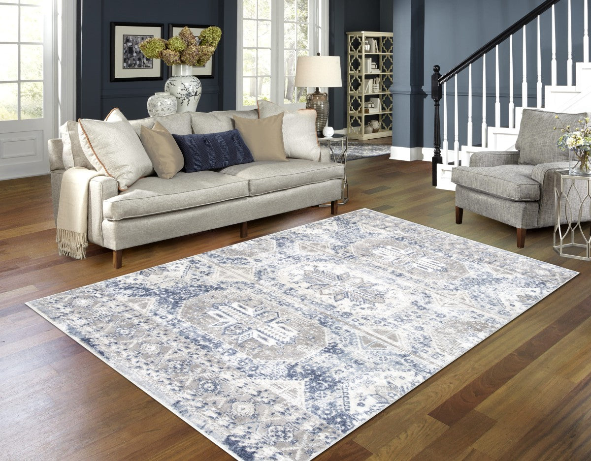 Tapis de salon Parksdale 5x8 | Bleu et Gris style vieilli