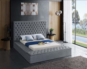 IF-5790 Lit Plateforme en Velours Gris - 3 Grands Rangements, Capitonnage Profond, Hauteur de 16 po