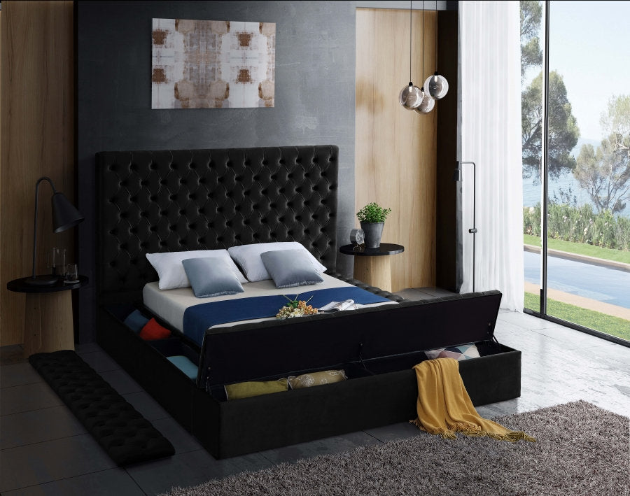 IF-5793 Lit Plateforme en Velours Noir - 3 Grands Rangements, Capitonnage Profond, Hauteur de 16 po