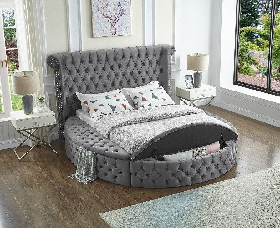 IF-5770 Lit en tissu velours gris avec capitonnage profond et 3 bancs de rangement