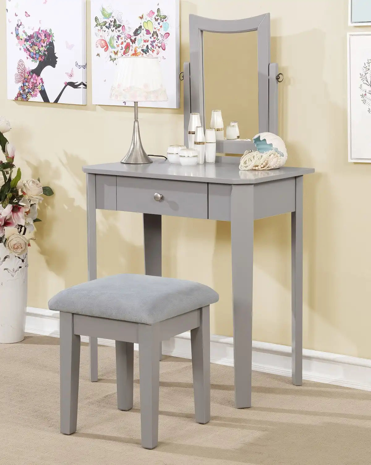 Coiffeuse compacte Cecilia Grise | Design moderne avec tiroir