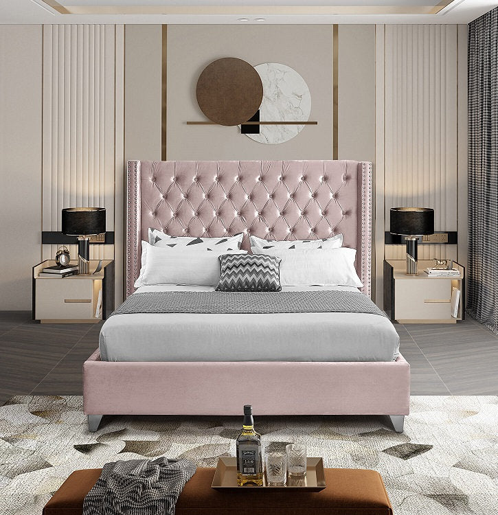 IF-5895 Lit en Velours Rose Poussiéreux - Détails Cloutés