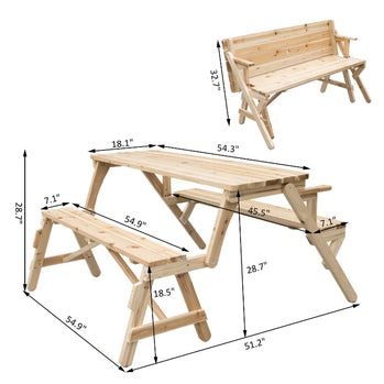 Table de pique-nique pliante en bois avec bancs, banc de terrasse et de jardin convertible 2 en 1, table de pique-nique pliable avec trou pour parasol, nature