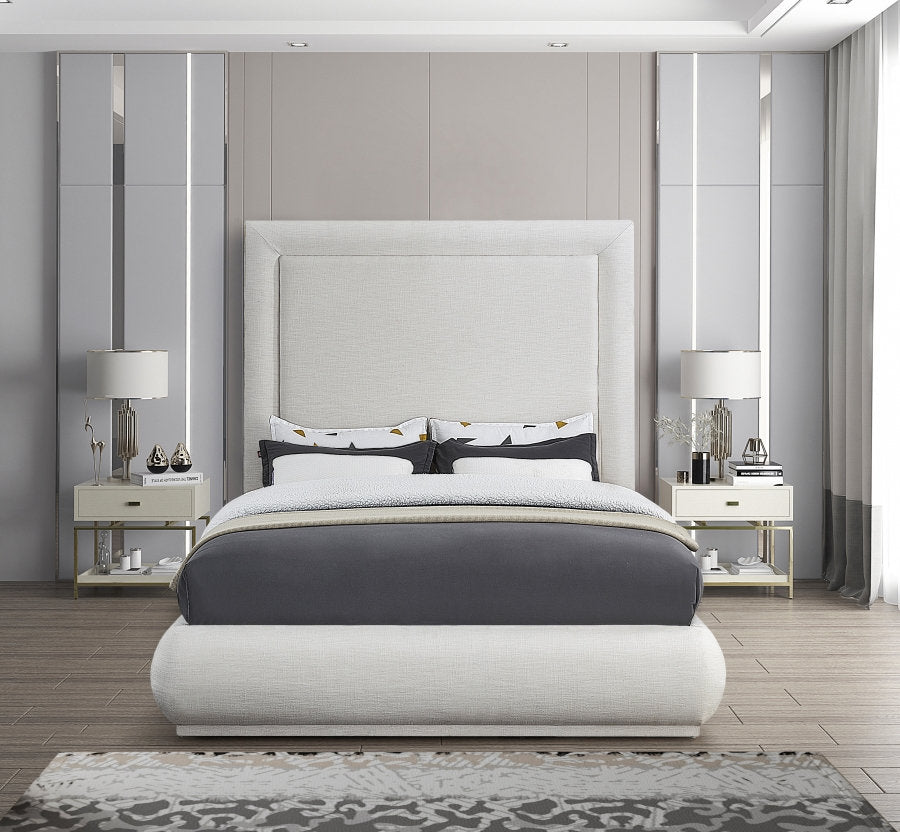 Lit Rembourré Style Moderne du Milieu du Siècle - Tissu Lin Crème, Support de Matelas