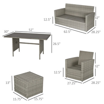 Ensemble de salle à manger d'extérieur en rotin, 6 pièces, Table à manger et chaises de Patio avec plateau en plastique et bois, coussins, gris