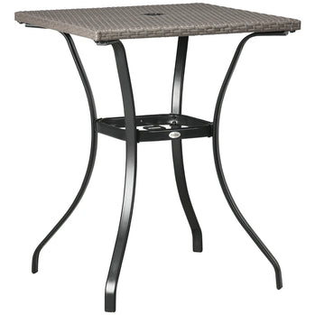 Table de salle à manger de patio en osier avec trou pour parasol, table basse d'extérieur en rotin PE avec planche en plastique sous le plateau de table tissé pour terrasse, jardin, balcon, gris clair