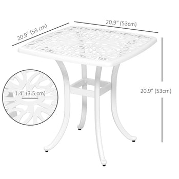 Table d'appoint d'extérieur carrée de 21 pouces, table d'appoint de patio en fonte d'aluminium avec trou pour parasol pour jardin, balcon, bord de piscine, blanche