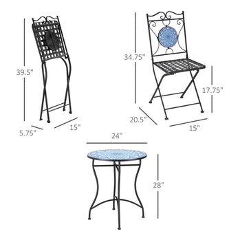 Ensemble de bistro extérieur 3 pièces, table basse de jardin avec plateau en mosaïque pour patio, balcon, bord de piscine, noir