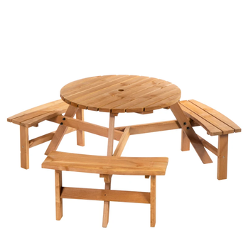 Ensemble de banc de table de pique-nique rond pour 6 personnes avec trou pour parasol, table de patio en bois avec 3 bancs intégrés pour jardin, terrasse, arrière-cour, marron