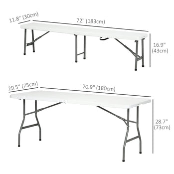 Ensemble de table de pique-nique pliante de 72 pouces, 2 bancs, 3 pièces d'extérieur en PEHD de style allemand Biergarten, table à bière pliable pour 6 personnes, blanche