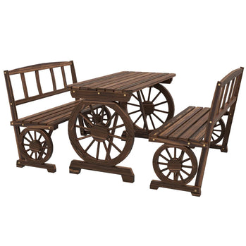 Table et chaises de Patio en bois pour 4 personnes, 3 pièces, roues de chariot, conception pour porche, cour, balcon, carbonisées